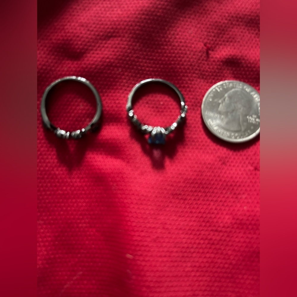 Sapphire Blue Cubic Zirconia Black Ring NWT 2 Pieces Stackable Turkish Design - Picture 3 of 5